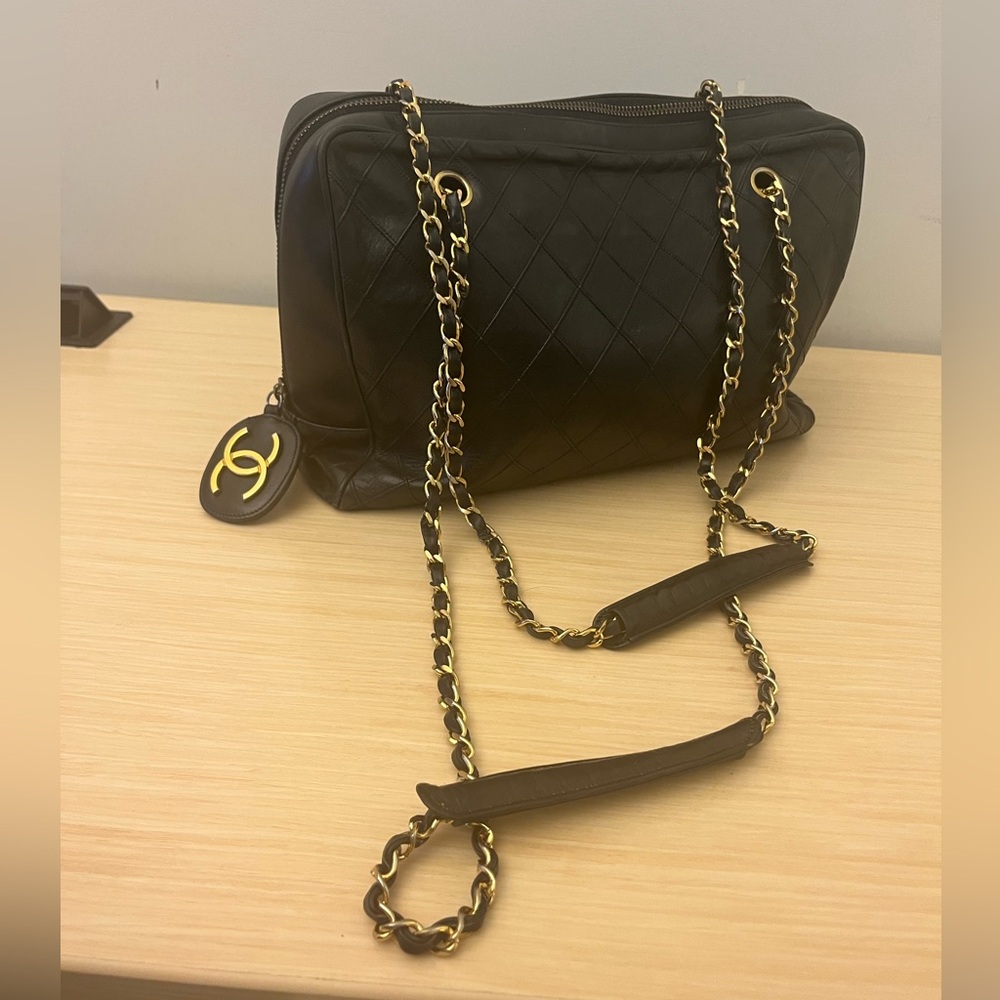 CHANEL Bicolore Chain Matelasse Shoulder Bag Lamb Skin Black CC Auth bs20538